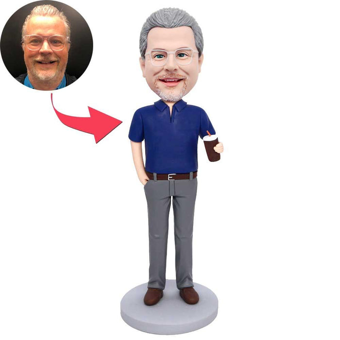 Custom Male Office Bobblehead In Dark Blue Short Sleeves And Holding A Drink