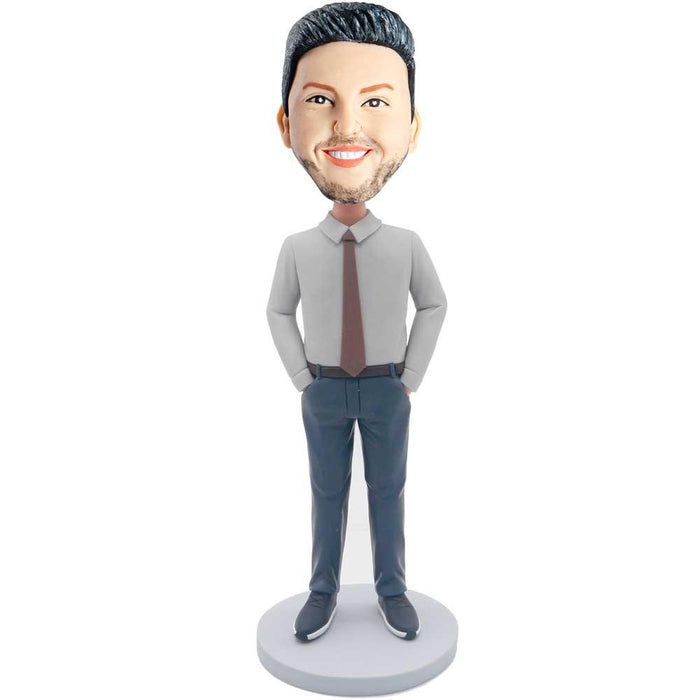 Male Office Staff In Grey Shirt And Put Hands In Pockets Custom Figure Bobblehead