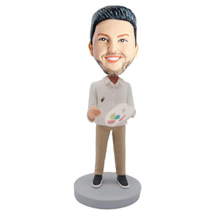 Male Painter In White T-shirt With A Paintbrush And Drawing Tray Custom Figure Bobblehead