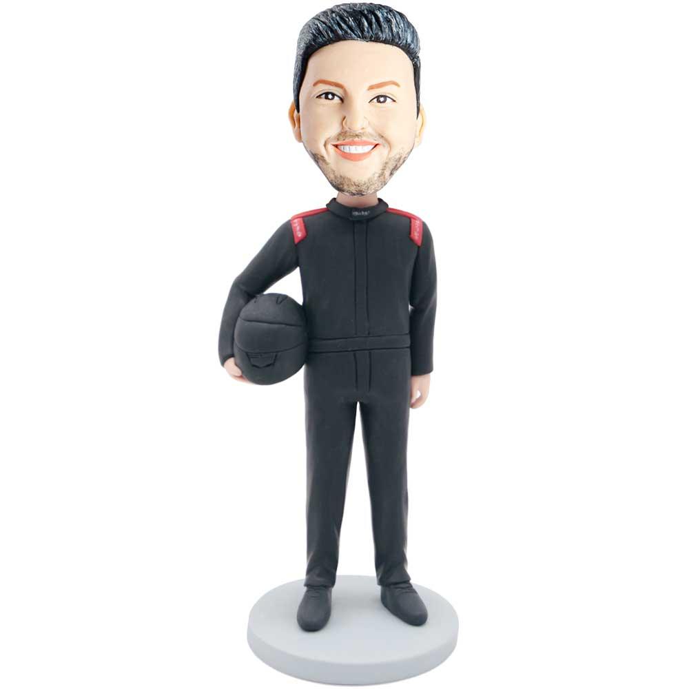Male Race Car Driver In Black Racing Suit Custom Figure Bobbleheads