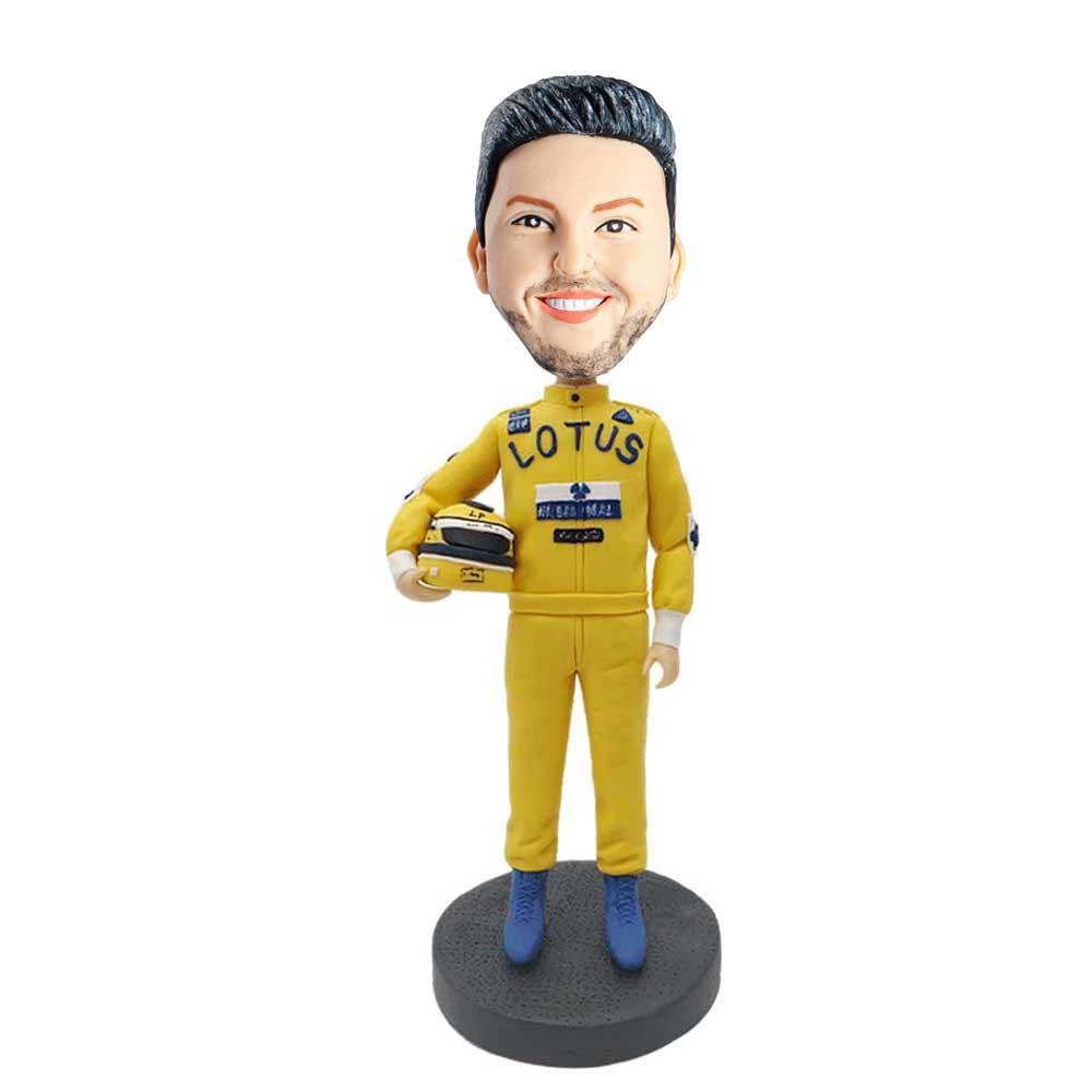 Male Race Car Driver In Yellow Overalls Custom Figure Bobblehead