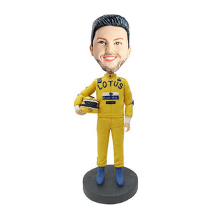 Male Race Car Driver In Yellow Overalls Custom Figure Bobblehead
