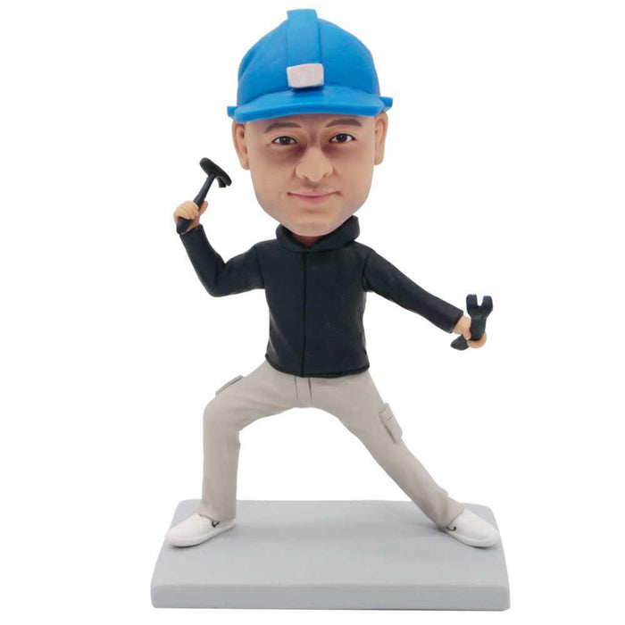 Male Repairman In Black Sweatshirt Holding Tools Custom Figure Bobbleheads