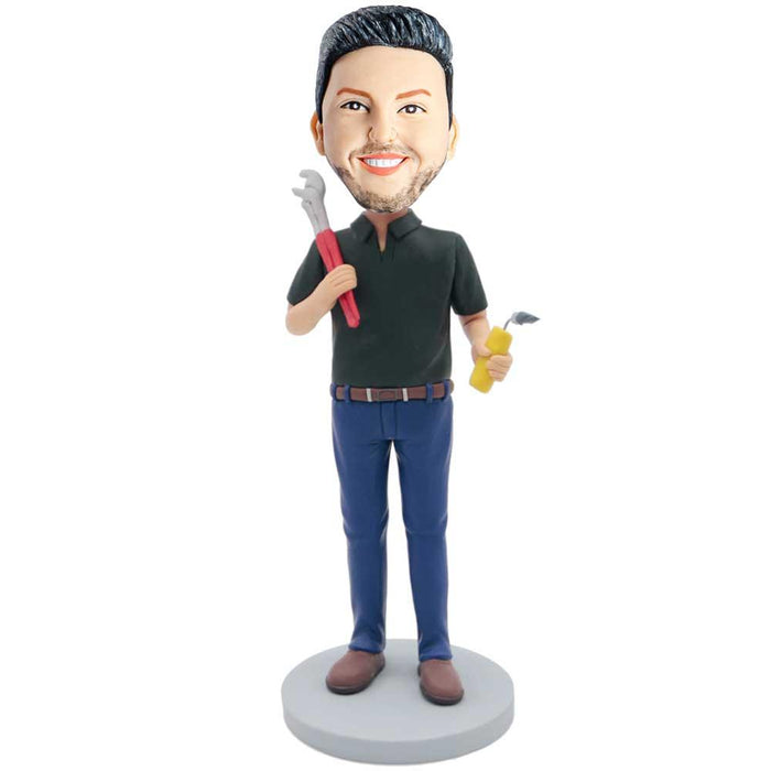 Male Repairman In T-shirt Holding Tools Custom Figure Bobbleheads