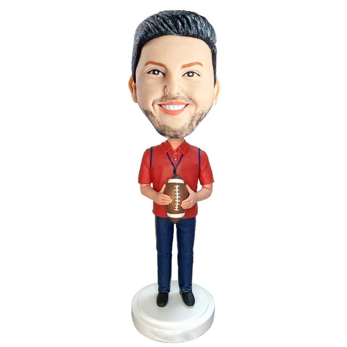 Male Football Coach Player In Red T-shirt And Holding A Rugby Custom Figure Bobblehead