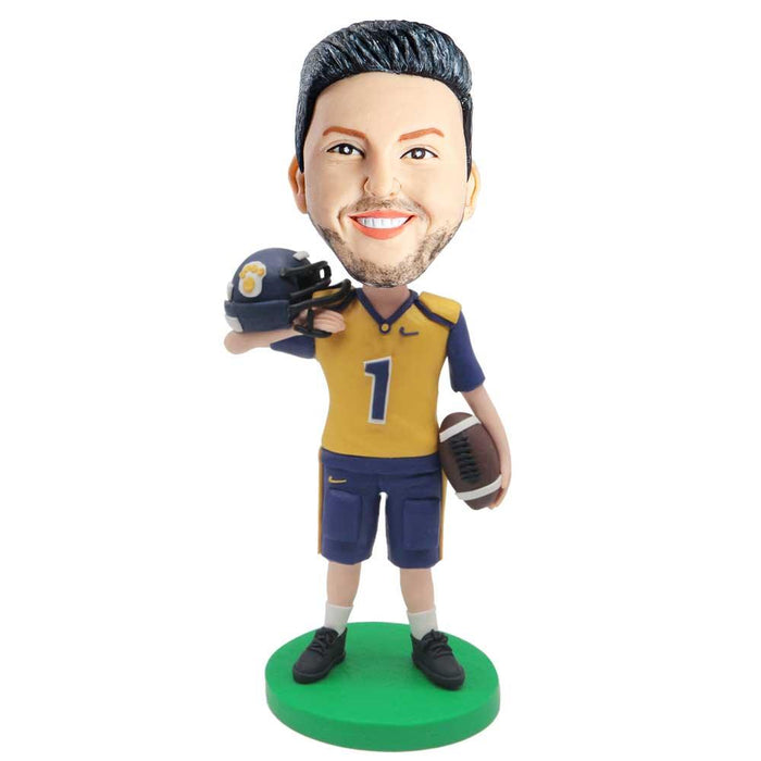 Male Football Player In Uniform Holding Rugby And Helmets Custom Figure Bobblehead