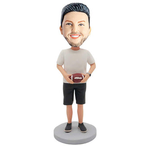 Male Rugby Player In White T-shirt And Holding A Rugby Custom Figure Bobblehead