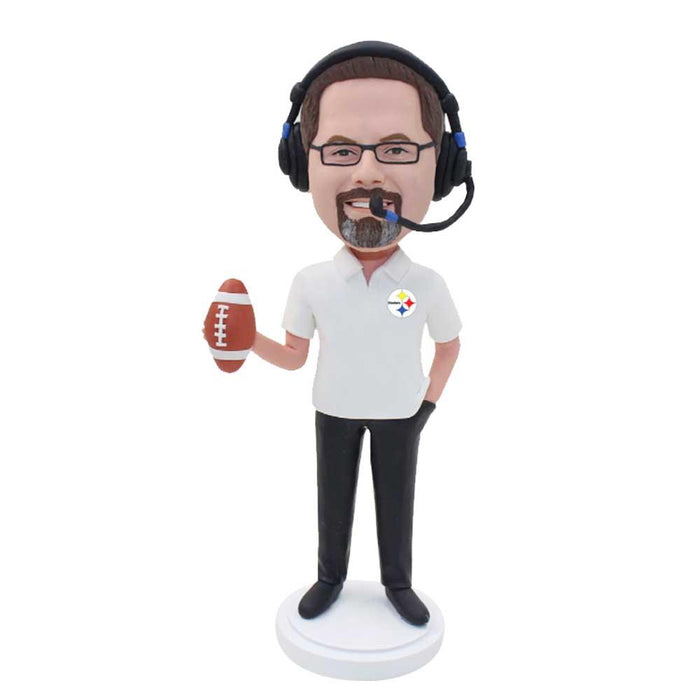 Male Commentator Sportscaster Bobblehead Holding A Rugby