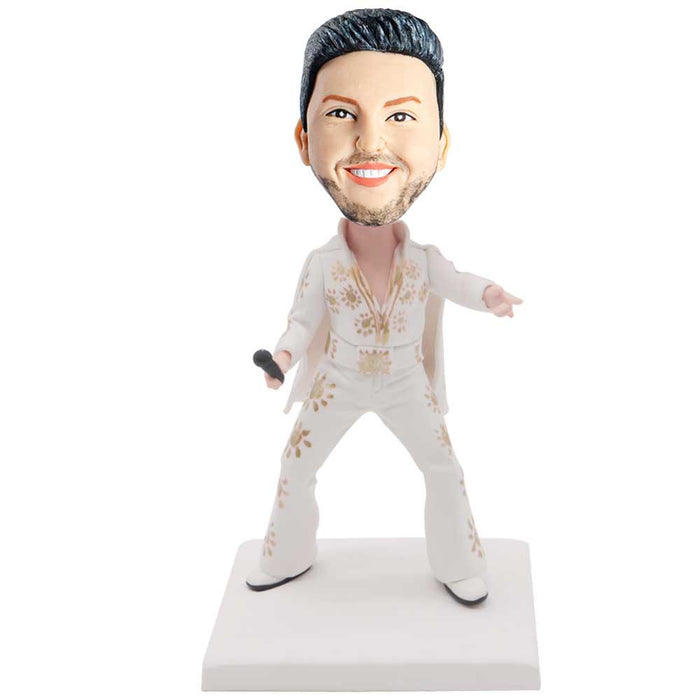 Male Singer In White Suit With A Microphone Custom Figure Bobblehead