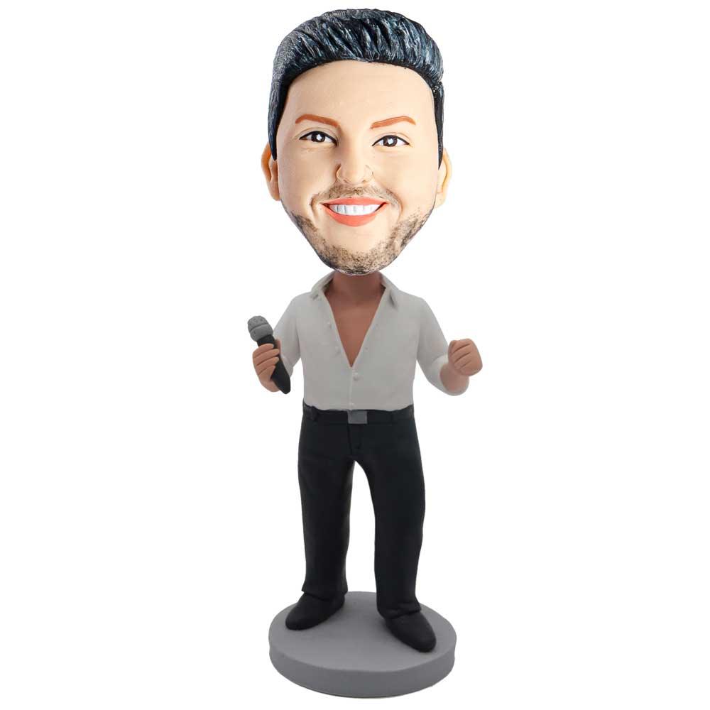 Male Singer In White V-neck Top Holding A Microphone Custom Figure Bobbleheads