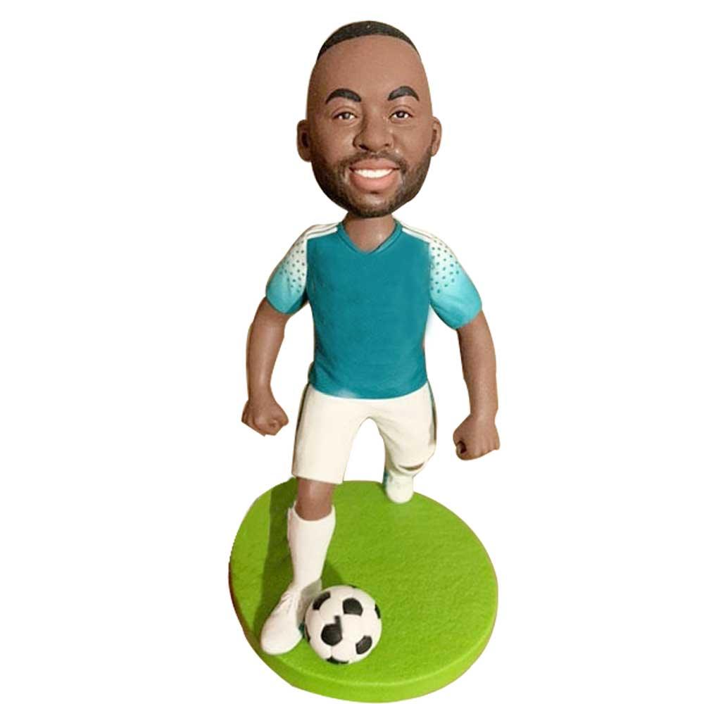 Male Soccer Player In Blue Sportswear Playing Football Custom Figure Bobblehead