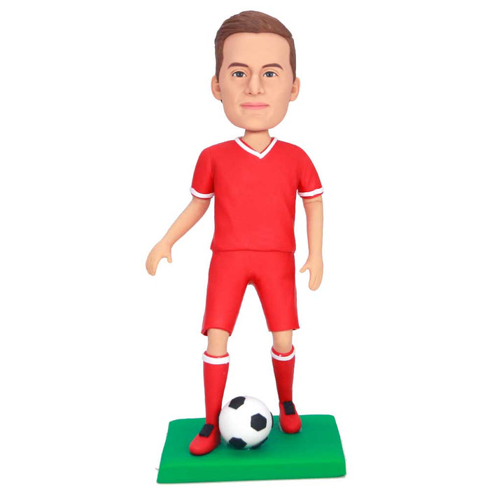 Male Soccer Player In Red Sportswear Playing Football Custom Figure Bobbleheads