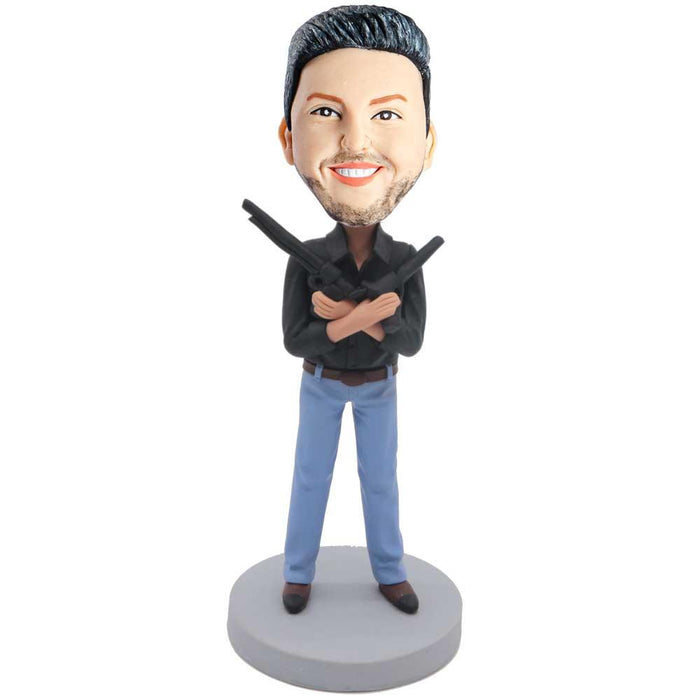 Male Spy In Casual Dress With Two Handguns Custom Figure Bobblehead