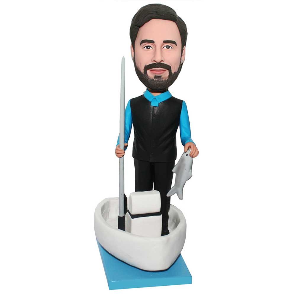 Male Standing On Yacht Fishing Custom Figure Bobblehead