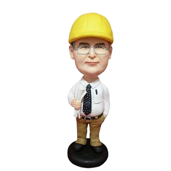 Male Suit Engineer Architect With Big Belly Holding Drawings Custom Bobblehead