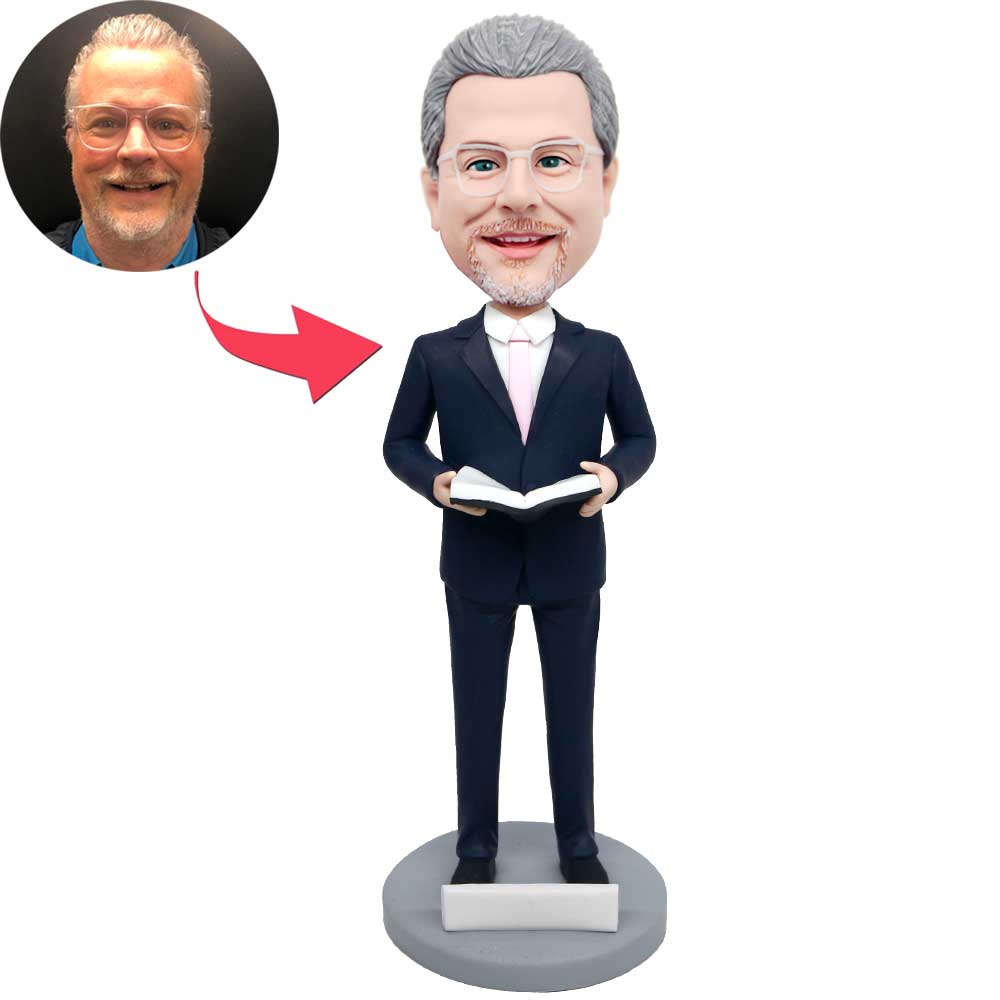 Male Teacher In Dark Blue Suit With A Book Custom Figure Bobbleheads