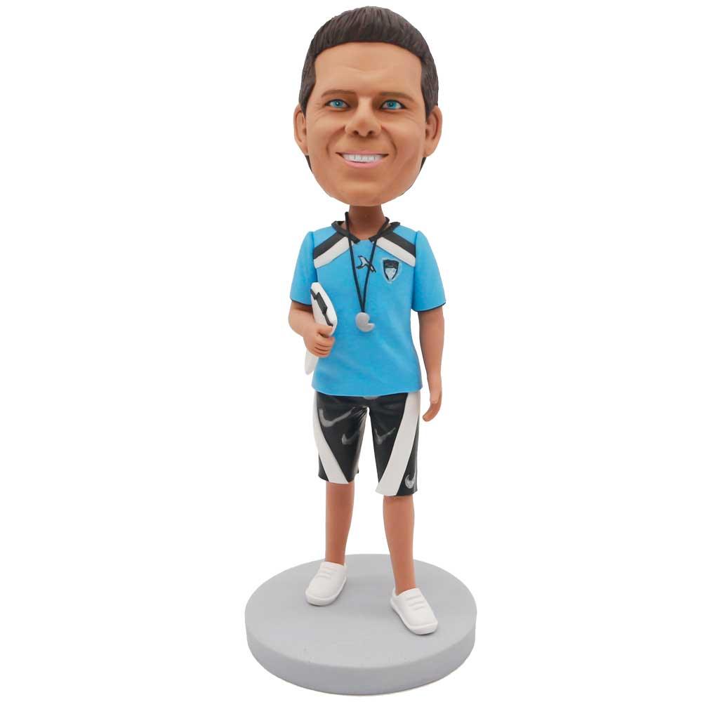 Male Volleyball Coach In Blue T-shirt Custom Figure Bobblehead