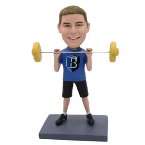 Male Weightlifting In Blue T-shirt With Barbell Custom Figure Bobblehead