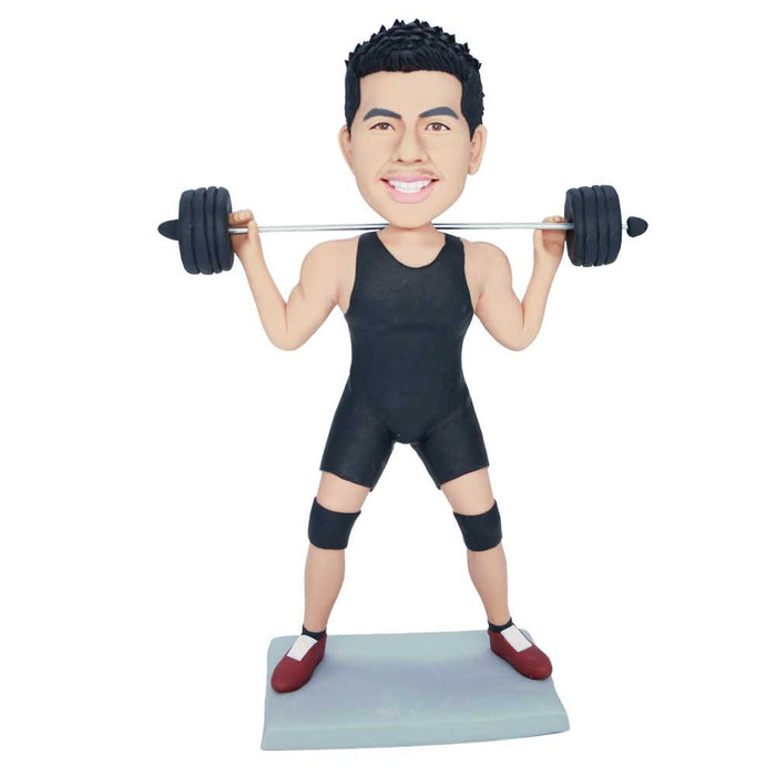 Male Weightlifting Weight Lifter In Black Vest With Barbell Custom Figure Bobbleheads