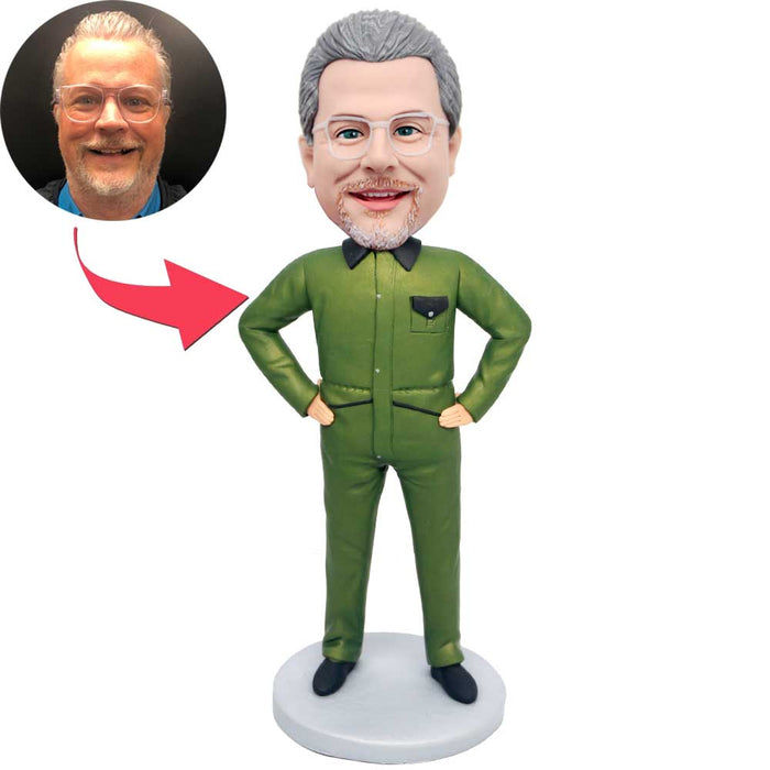 Male Worker In Overalls And Hands On Hips Custom Figure Bobbleheads