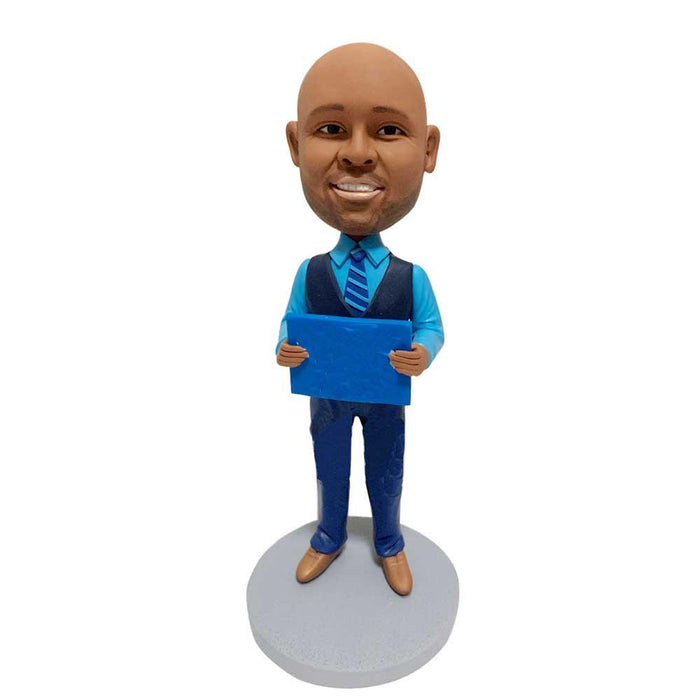 Man In Blue Suit Holding Slogan Board Custom Figure Bobblehead