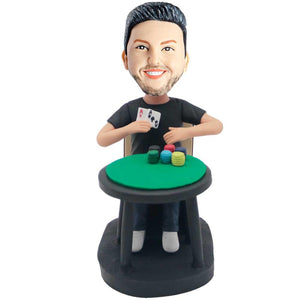 Man Sitting On Chair Playing Cards and Sieve Custom Figure Bobblehead