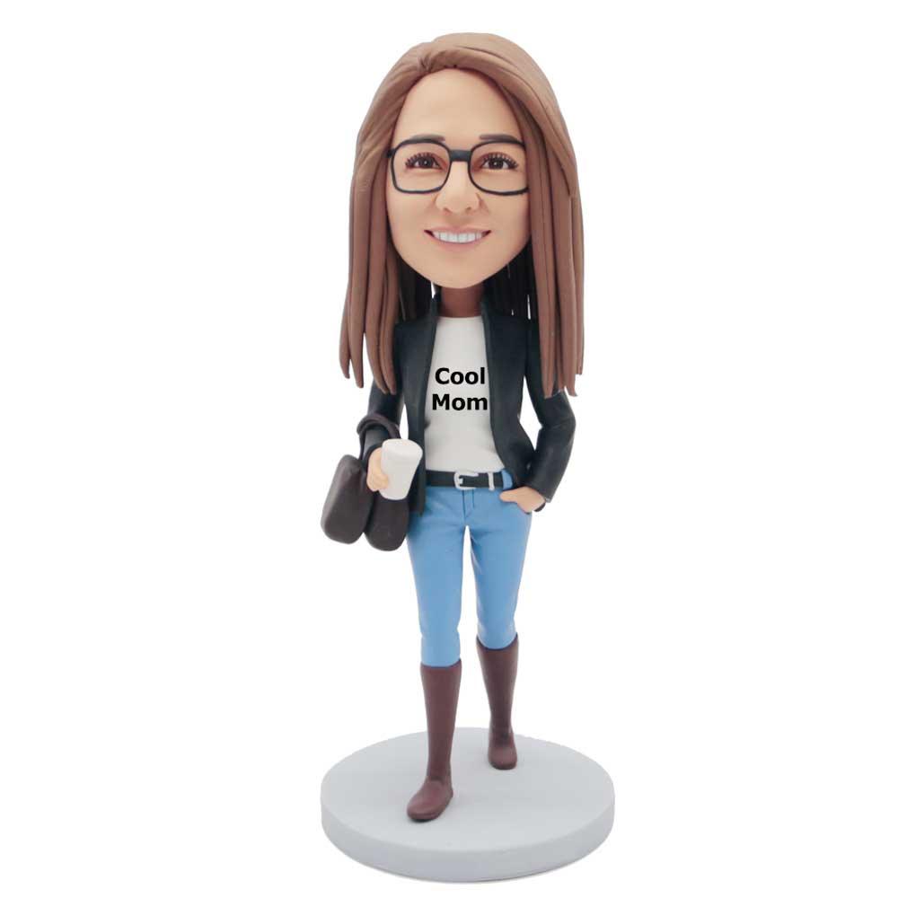 Mother's Day Gifts Female In Black Jacket Carrying Bags Custom Figure Bobbleheads