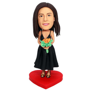 Mother's Day Gifts Female In Black Strapless Dress With Flowers Custom Bobbleheads