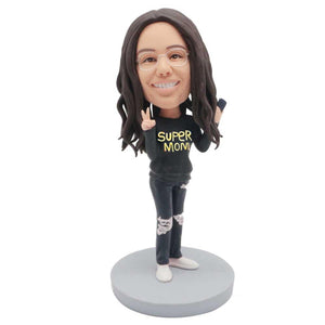 Mother's Day Gifts Female In Black Suit And A Hand For Victory Custom Figure Bobbleheads - Figure Bobblehead