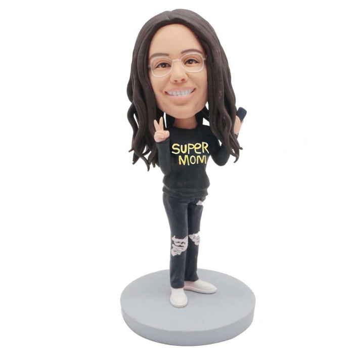 Mother's Day Gifts Female In Black Suit And A Hand For Victory Custom Figure Bobbleheads