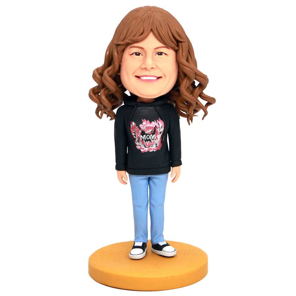 Mother's Day Gifts Female In Black Sweatshirt Custom Figure Bobbleheads