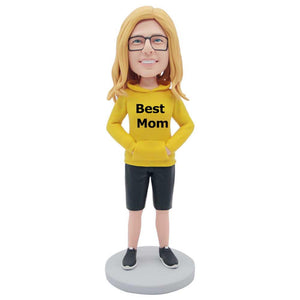 Mother's Day Gifts Female In Yellow Sweatshirt Custom Figure Bobbleheads