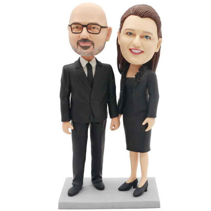 Valentine Gifts - Custom Office Couple Bobblehead In Black Business Dress And Hand In Hand