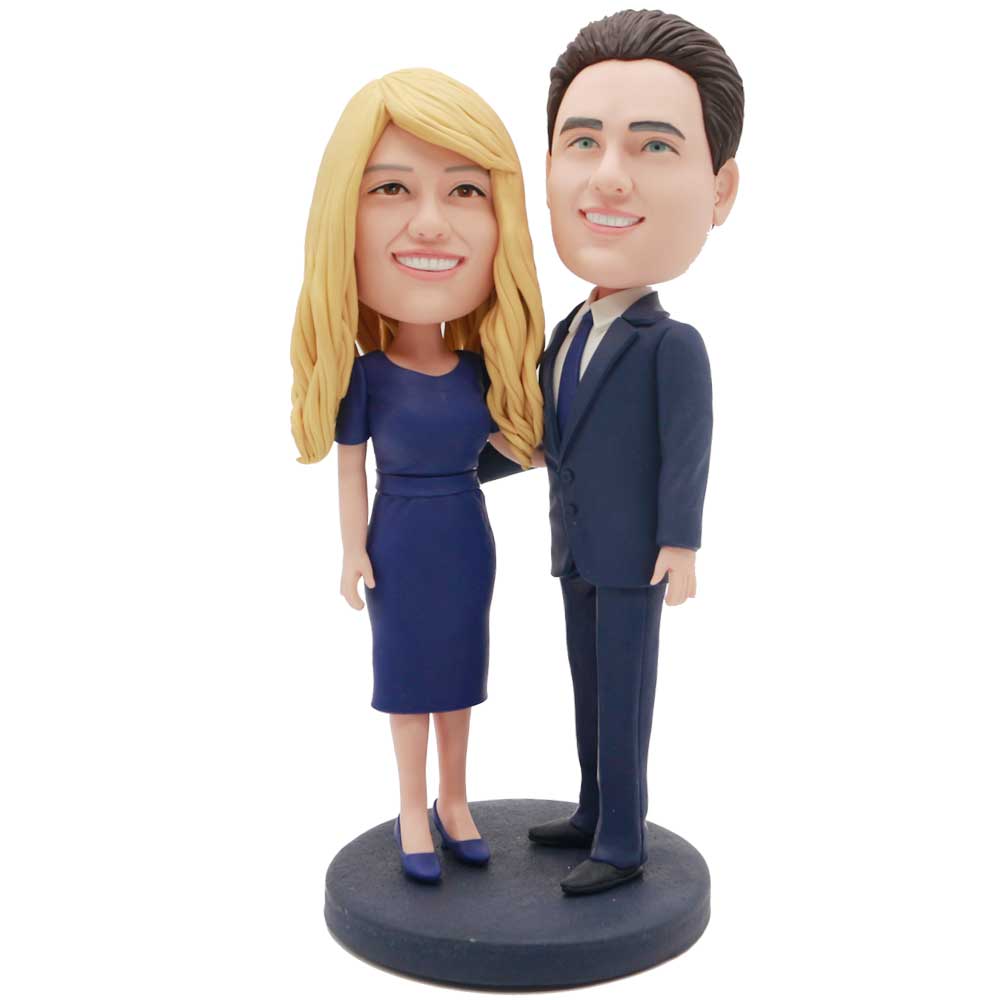 Office Couple In Dark Blue Business Dress Custom Figure Bobblehead