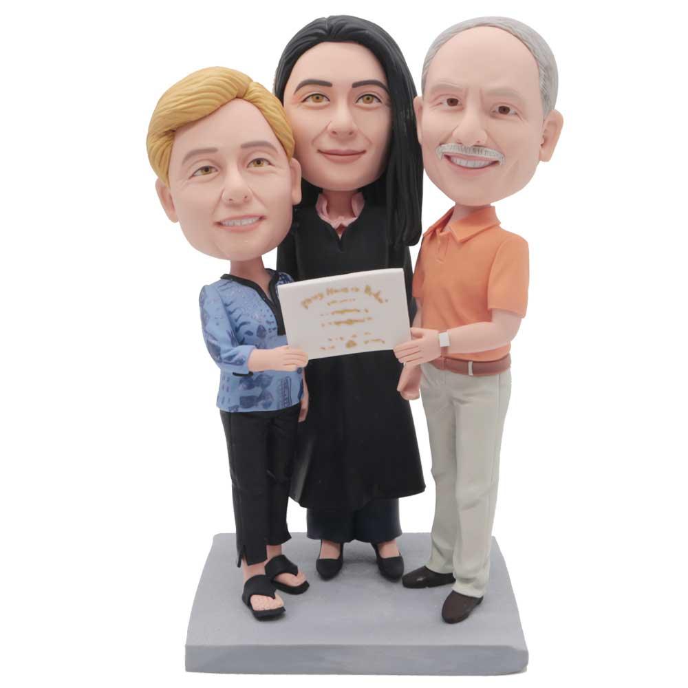 Parents And Daughter With A Certificate Custom Family BobbleheadParents And Daughter With A Certificate Custom Family Bobblehead