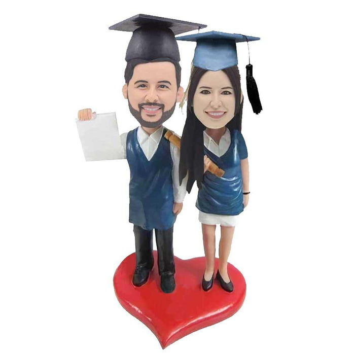 Personalized Couple Graduates In Dark Blue Gowns Custom Graduation Bobblehead Gift