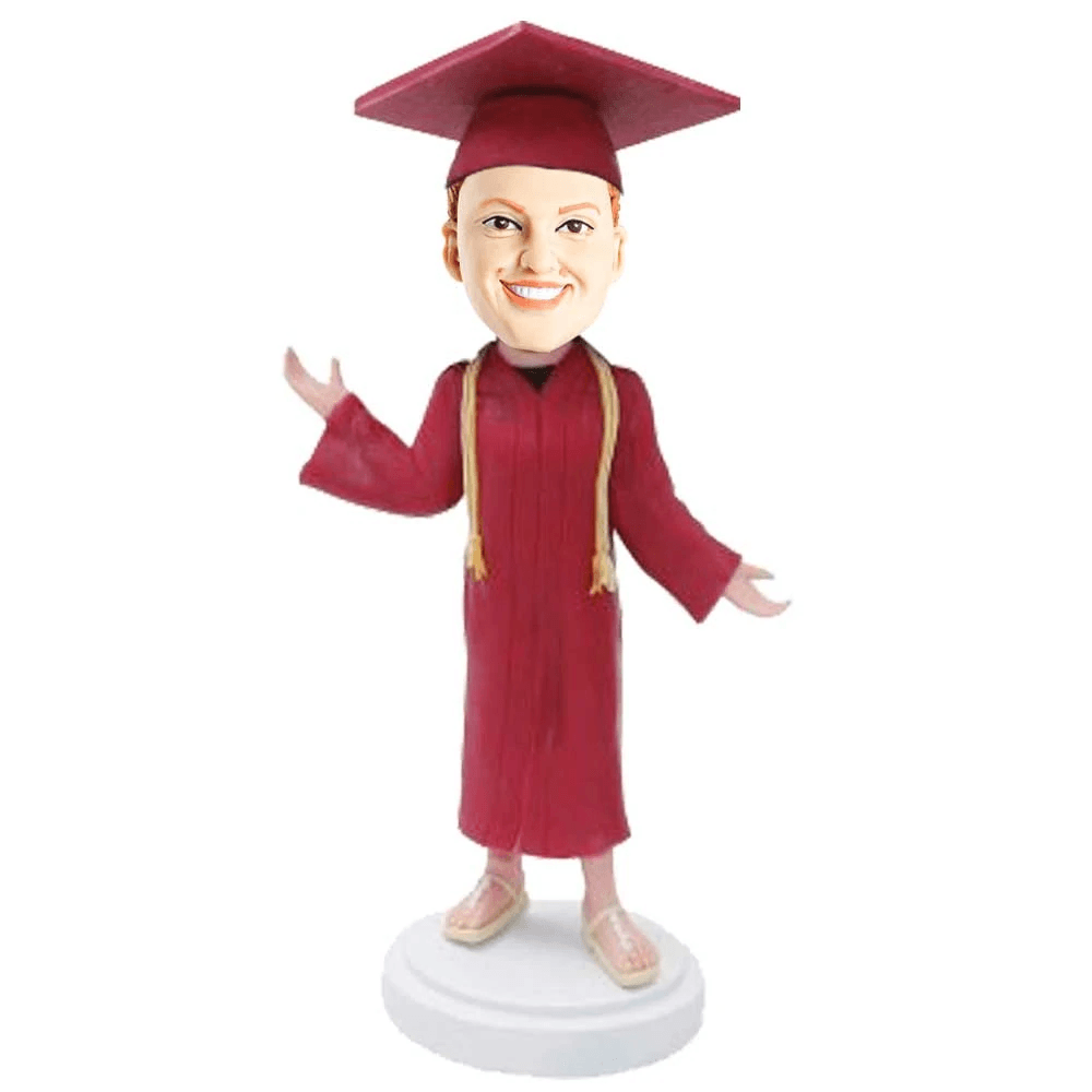 Personalized Female Graduate In Red Gown And Yellow Ribbon Custom Graduation Bobblehead Gift