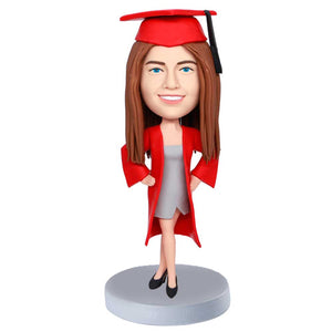 Personalized Female Graduates with Arms Akimbo In Red Gown Custom Graduation Bobbleheads Gift