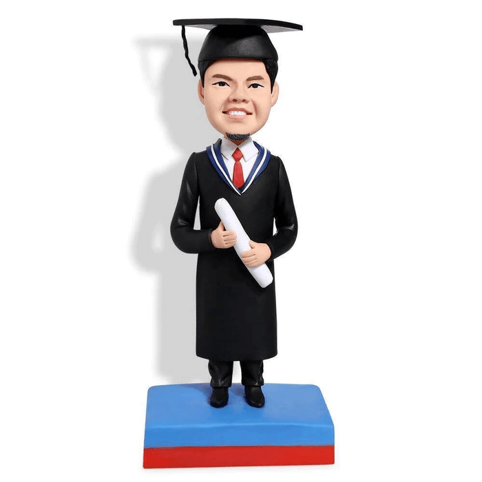 Personalized Male Graduation Bobblehead Gifts In Black Gown With Diploma