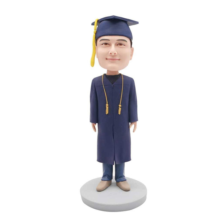 Personalized Male Graduates In Purple Gowns With Yellow Ribbons Custom Graduation Bobblehead