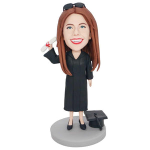 Personalized Top College Female Graduate In Black Gown Custom Graduation Bobbleheads Gift