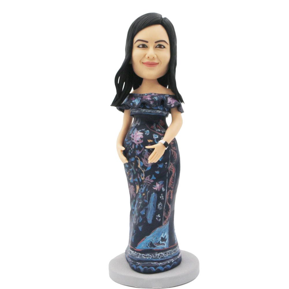 Pregnant Mom in Vintage Dress Custom Figure Bobblehead