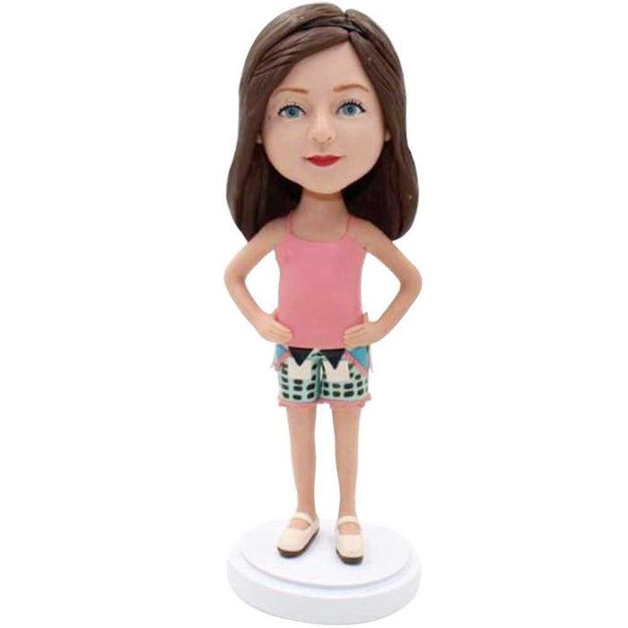 Pretty Girl In Pink Vest Custom Figure Bobblehead