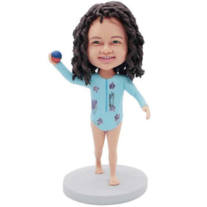 Pretty Little Girl In Blue Jumpsuit Holding A Ball Custom Figure Bobbleheads