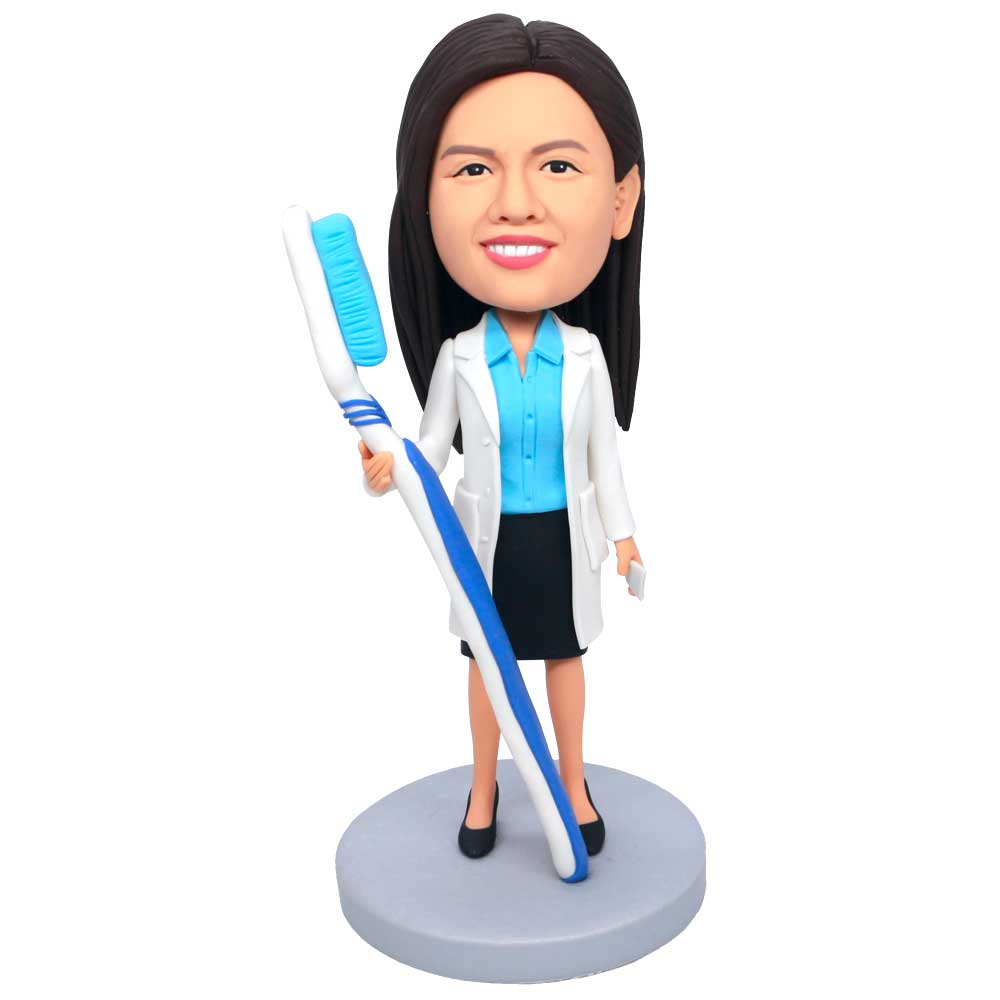 Professional Female Dentist Physician Holding Toothbrush Custom Figure Bobbleheads
