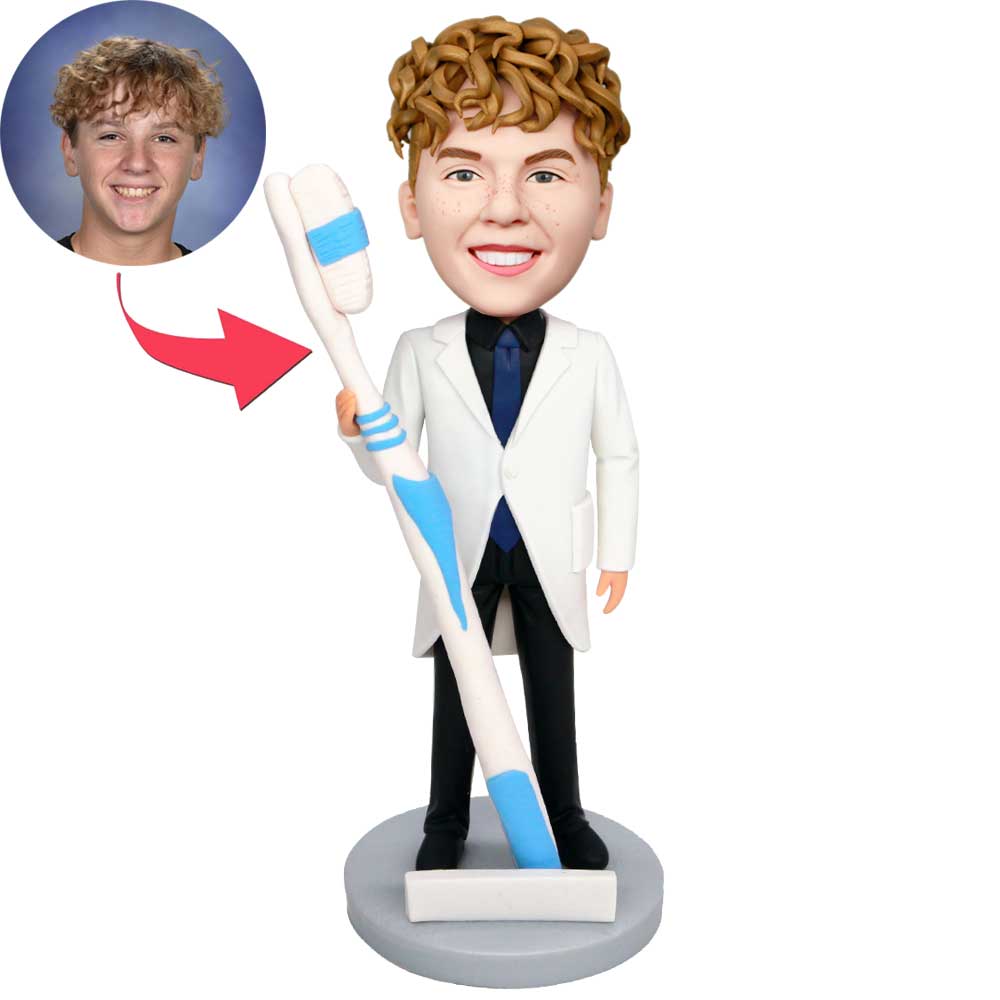 Professional Male Dentist Holding Toothbrush Custom Bobbleheads