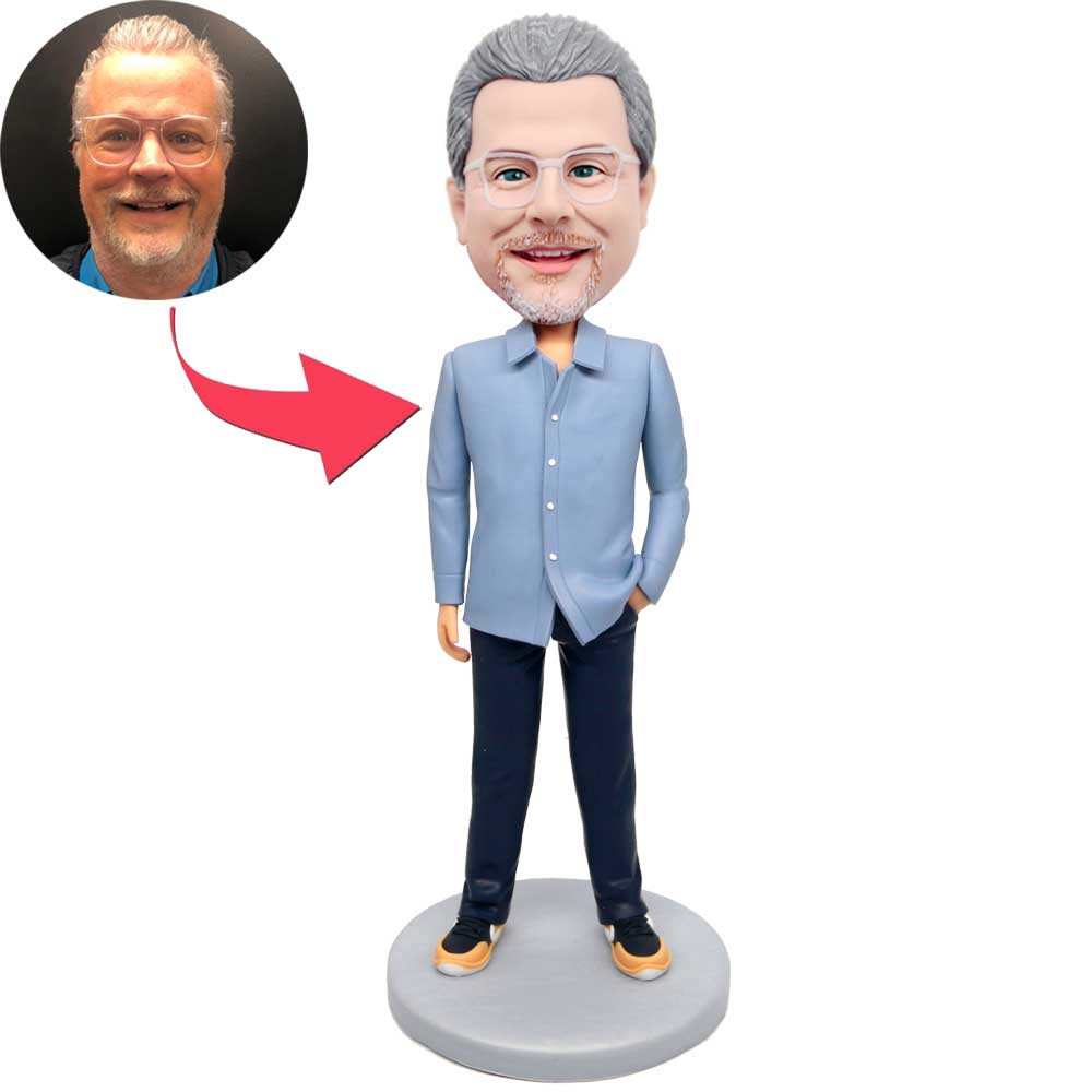 Retired Man In Blue Shirt and Jeans Custom Figure Bobbleheads