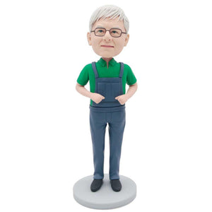Retirement Male In Green T-shirt And Overalls Custom Figure Bobbleheads