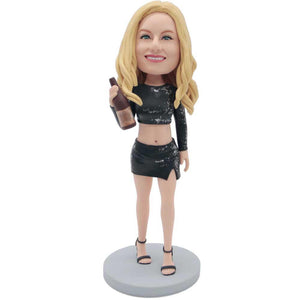 Sexy Female In Black Skirt With Wine Custom Figure Bobbleheads
