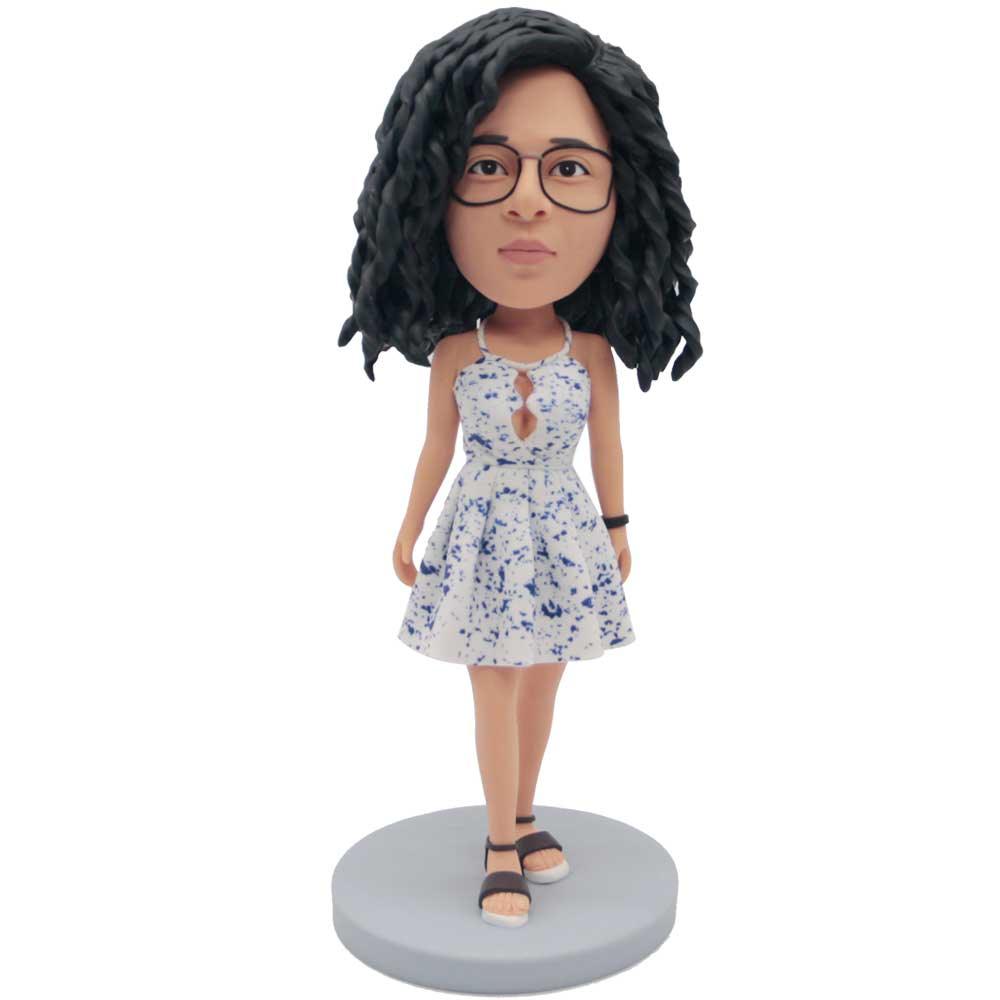 Sexy Female In Floral Suspender Skirt Custom Figure Bobbleheads